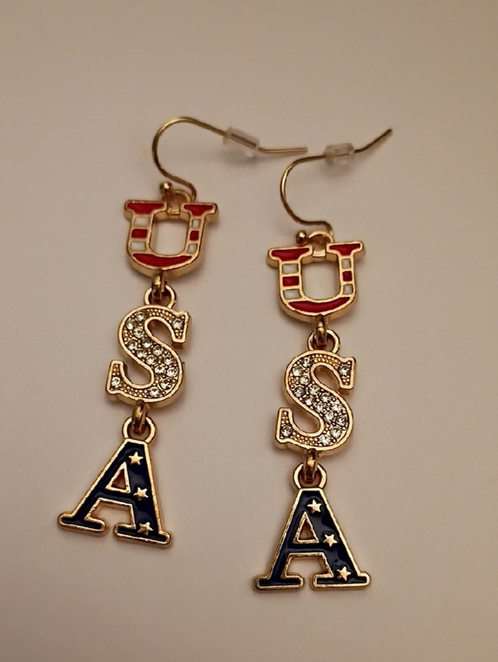 Gold-Tone USA Letter Drop Earrings in Red, White & Blue